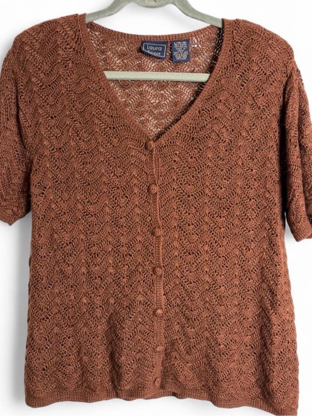 Laura Scott Brown Open Knit Lace Cardigan Ramie Rayon L 14-16